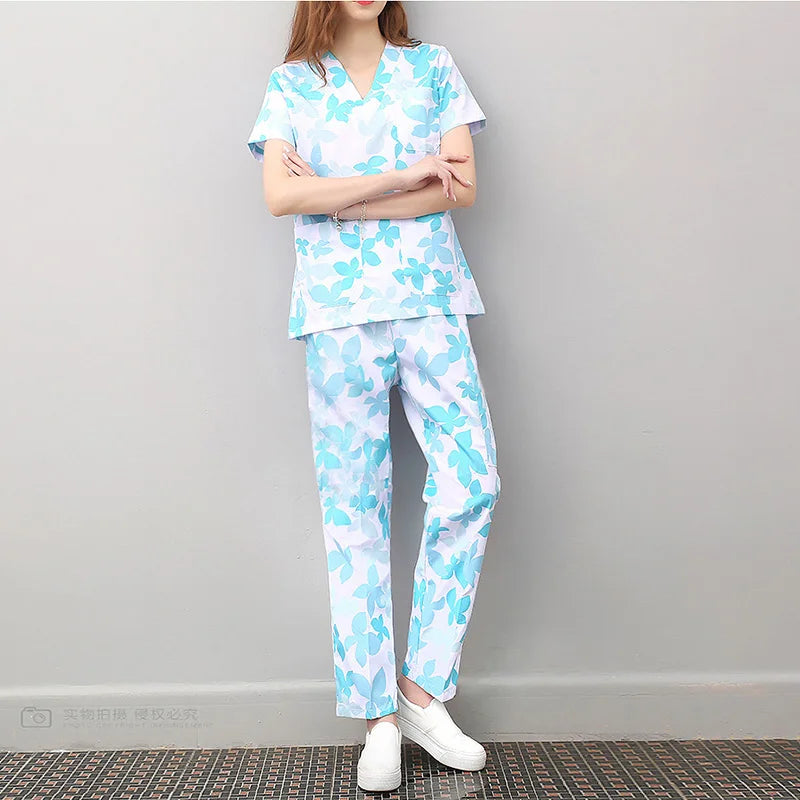 Workwear Clothes Health Workers Frosted Tops Pants Beauty Salon Scrub Uniforms Scrubs Set Short Sleeve V-neck Uniform coat