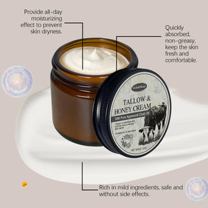 Beef Tallow Cream in amber jar with text highlighting its moisturizing, non-greasy, and safe ingredients for skin care.