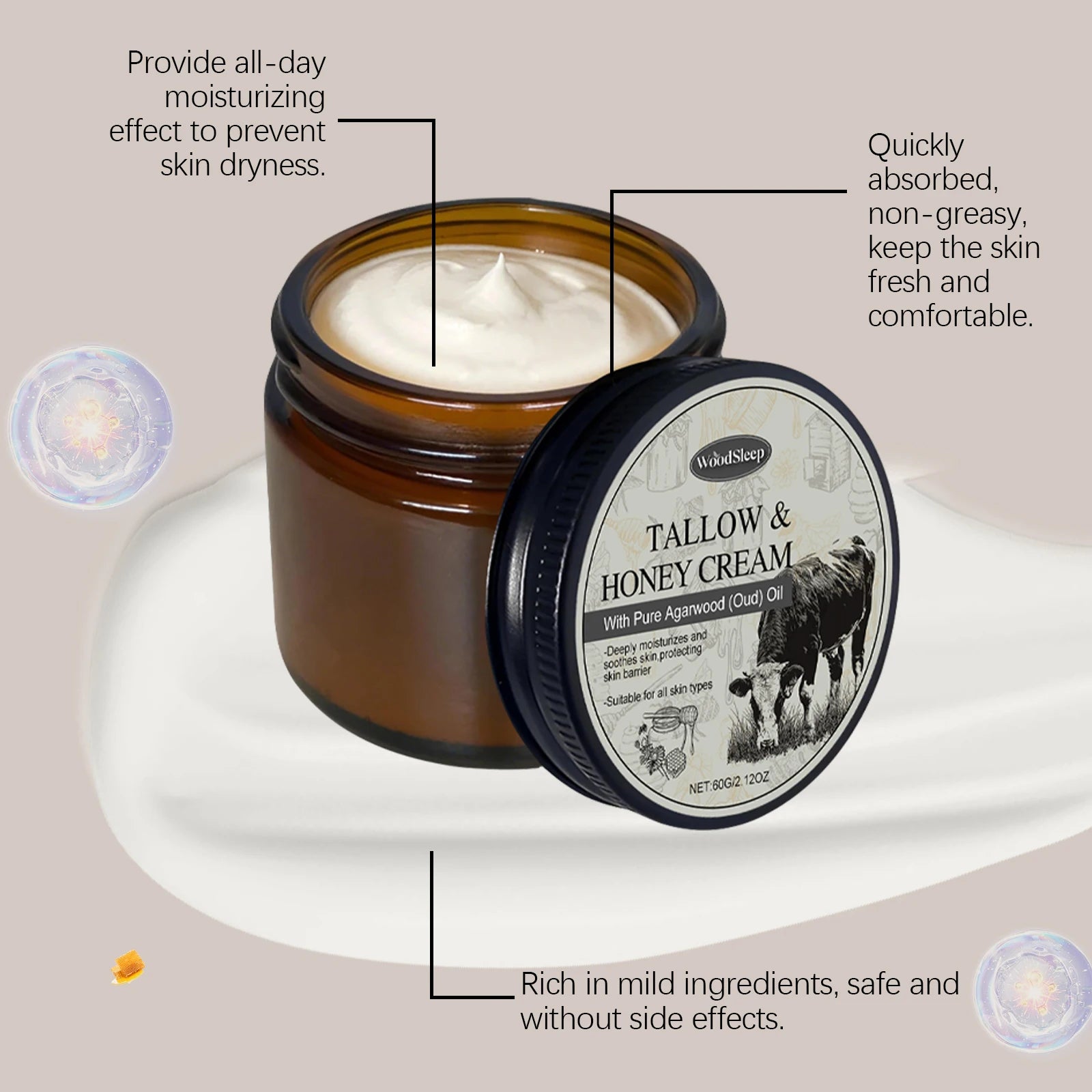 Beef Tallow Cream for Dry Damaged Skin Nourishing Body Balm Reduce Redness Anti Puffiness Firming Lifting Moisturizing Face Care