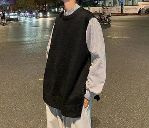 Man Clothes Plain Vest Solid Color Knitted Sweaters For Men Slit Jacket Waistcoat Coat Sleeveless Korean Style Overfit Baggy X