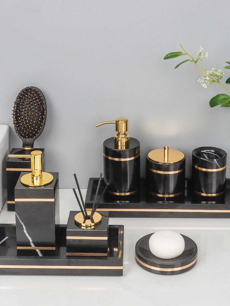 Black Nero Marquin Natural Marble Bathroom Accessories Luxury Gold Soap Dish Soap Dispenser Toothbrush Holder Tray Bathroom Set