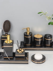 Black Nero Marquin Natural Marble Bathroom Accessories Luxury Gold Soap Dish Soap Dispenser Toothbrush Holder Tray Bathroom Set