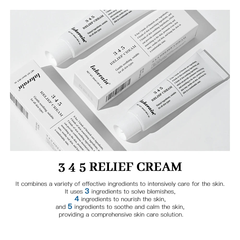 345 Relief Cream by Lakerain for blemish treatment, moisturizing, and soothing skin care with effective ingredients.