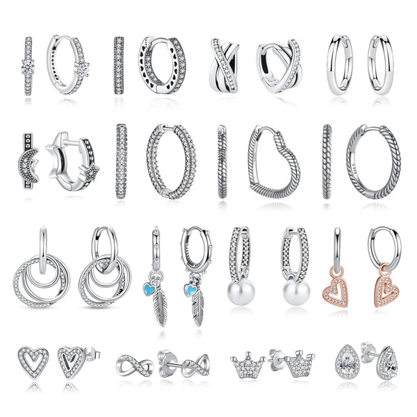 Original 925 Sterling Silver Earrings 2025 Stud Hoop Crystal Earings For Women Rose Gold Crown Heart Infinity Bee Earing Jewelry