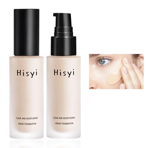 Hisy Cream Foundation bottles with a model applying foundation, featuring full coverage and long-lasting waterproof formula.