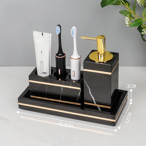 Black Nero Marquin Natural Marble Bathroom Accessories Luxury Gold Soap Dish Soap Dispenser Toothbrush Holder Tray Bathroom Set