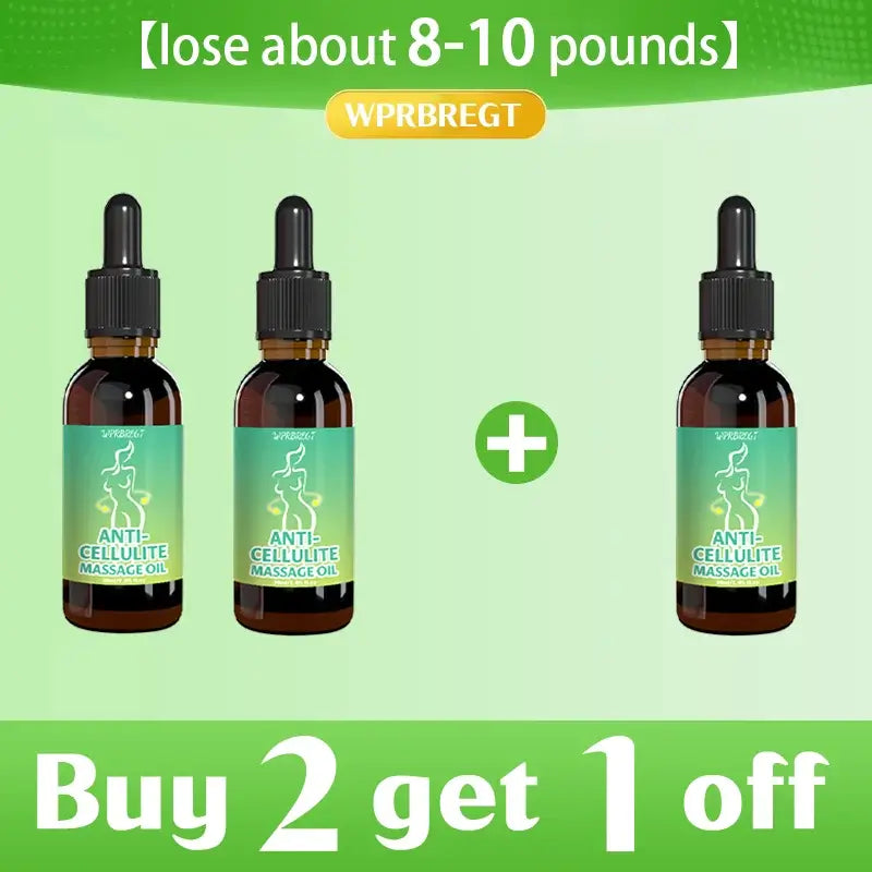 Anti-cellulite massage oil bottles with promotion: buy 2 get 1 off, designed for weight loss and body confidence.