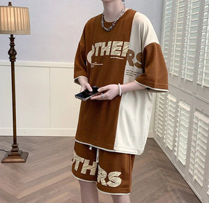 Clothes for Men Alphabet Top Jogging Sports Suits Brown Male T Shirt Sweatpants Shorts Sets Sweatshirt Tracksuit Stylish Loose S
