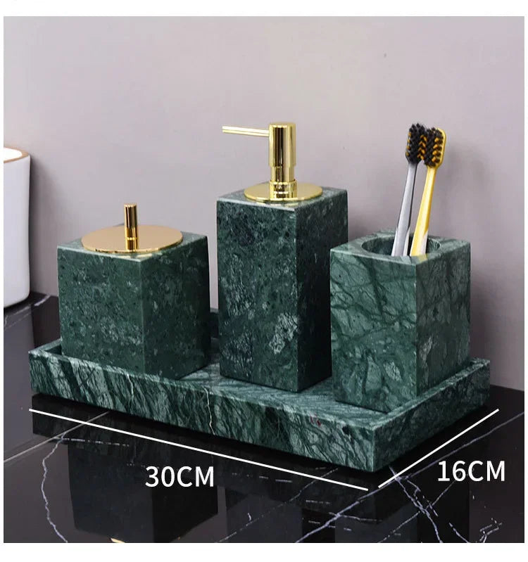 Wholesale Customized Dark Green Natural Marble Bathroom Set Nordic Light Luxury Tray Toothbrush Holder Soap Dispenser Kit