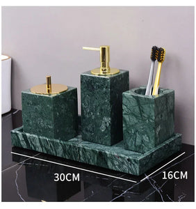 Wholesale Customized Dark Green Natural Marble Bathroom Set Nordic Light Luxury Tray Toothbrush Holder Soap Dispenser Kit