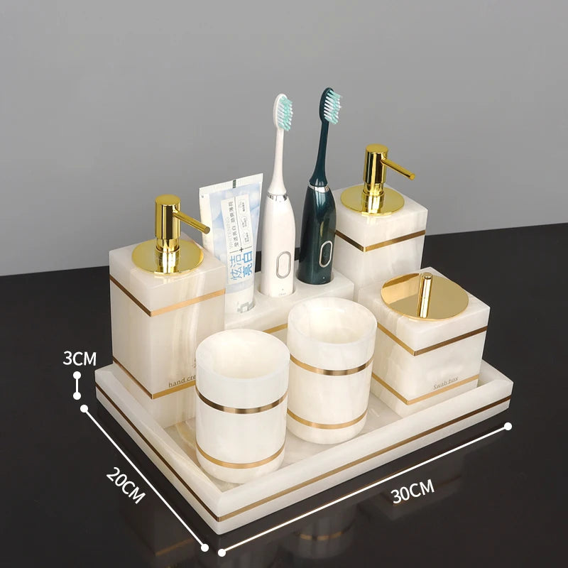 White Onyx Natural Marble Bathroom Accessories Luxury Golden Soap Dispenser Toothbrush Holder Soap Dish Tray Set for Bathroom
