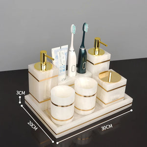 White Onyx Natural Marble Bathroom Accessories Luxury Golden Soap Dispenser Toothbrush Holder Soap Dish Tray Set for Bathroom