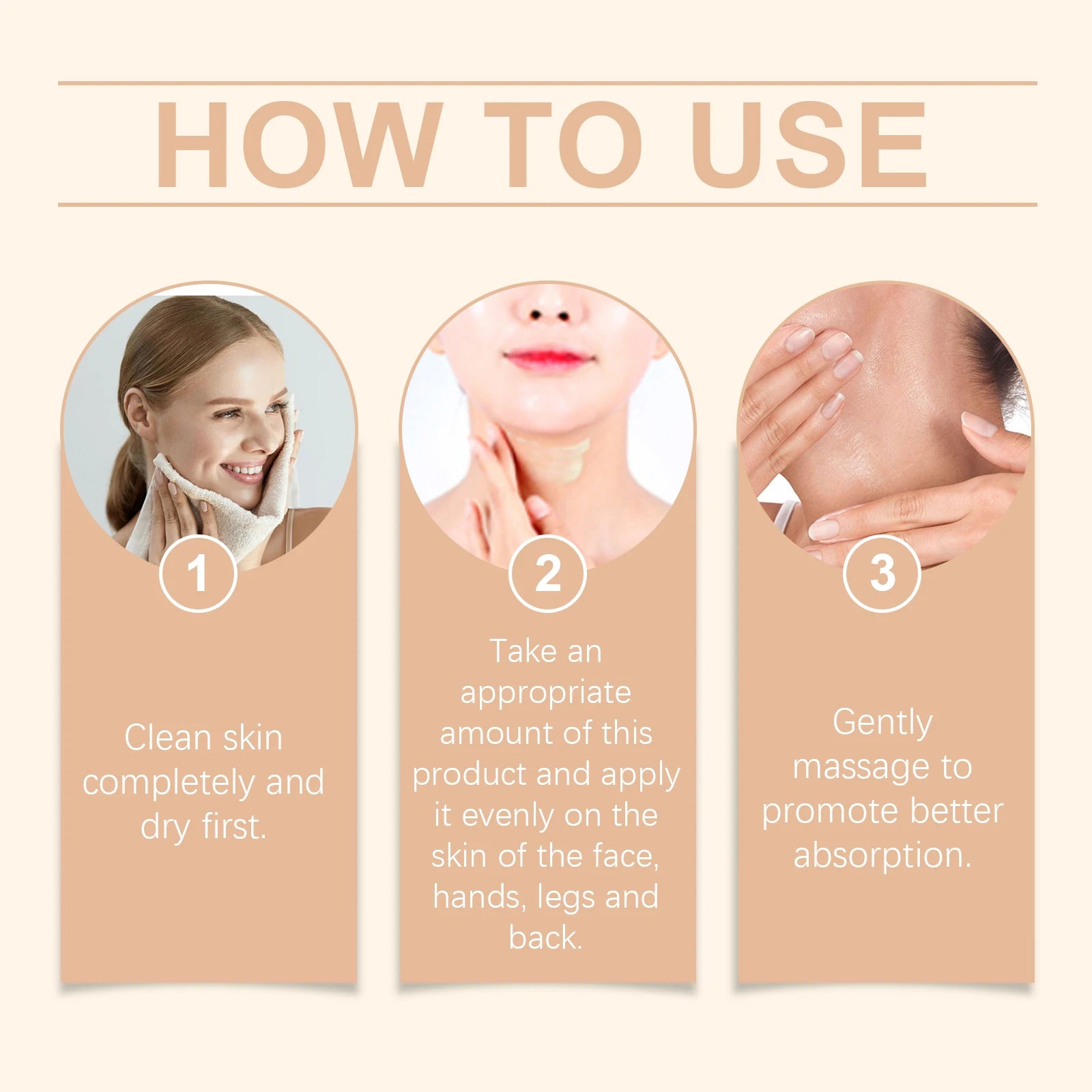 Infographic showing how to use beef tallow cream: clean skin, apply to face and body, and massage for absorption.