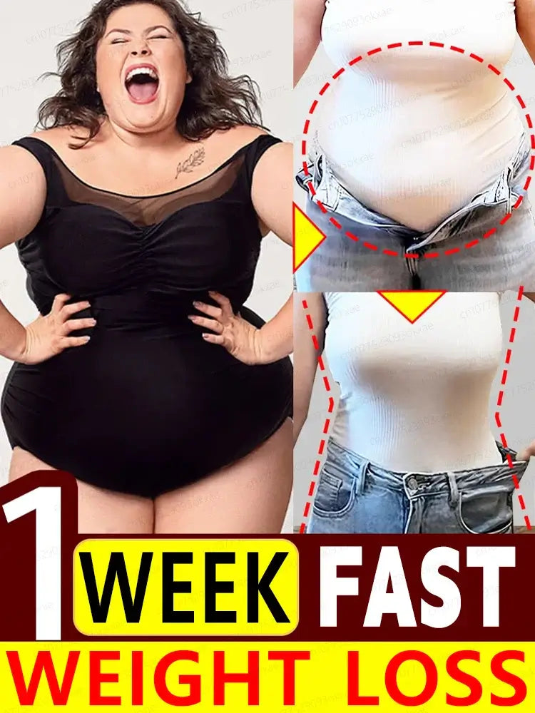 Unisex cream for fast weight loss and confidence boost, showcased by a woman modeling before and after results.