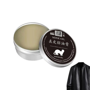 Mink oil leather conditioning cream for shoes, bags, and jackets in a tin can.