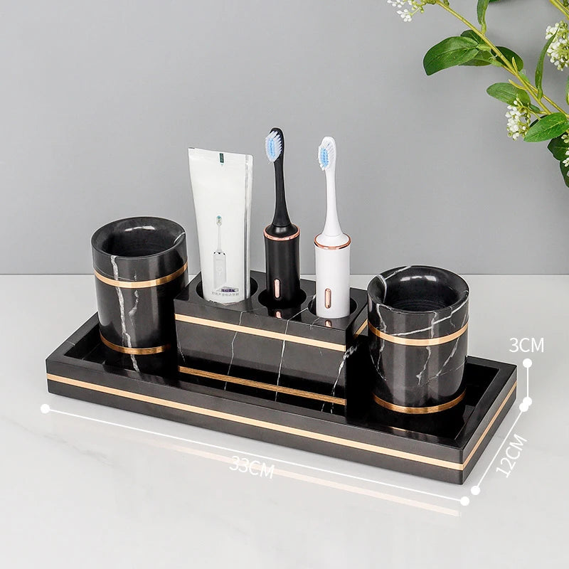 Black Nero Marquin Natural Marble Bathroom Accessories Luxury Gold Soap Dish Soap Dispenser Toothbrush Holder Tray Bathroom Set