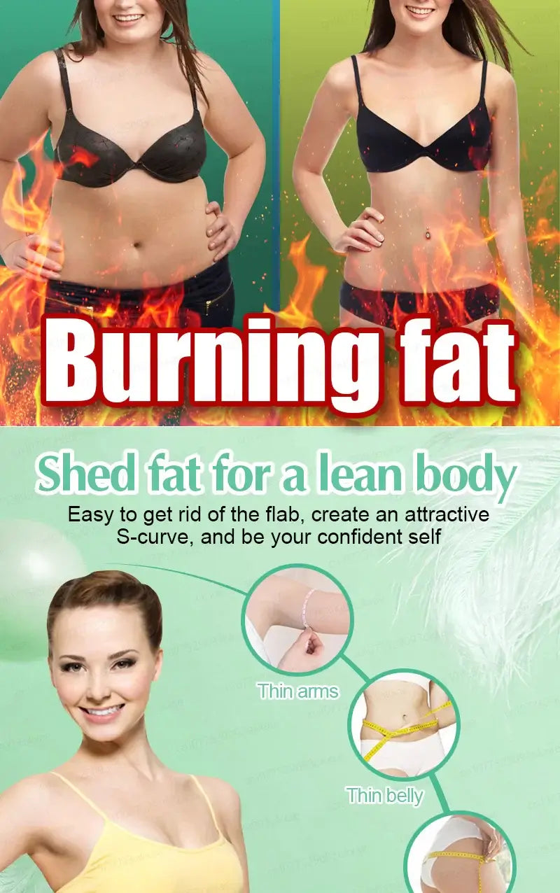 Image promoting fat burning with before and after visuals, showcasing a confident, lean body transformation.