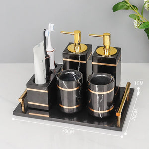 Black Nero Marquin Natural Marble Bathroom Accessories Luxury Gold Soap Dish Soap Dispenser Toothbrush Holder Tray Bathroom Set