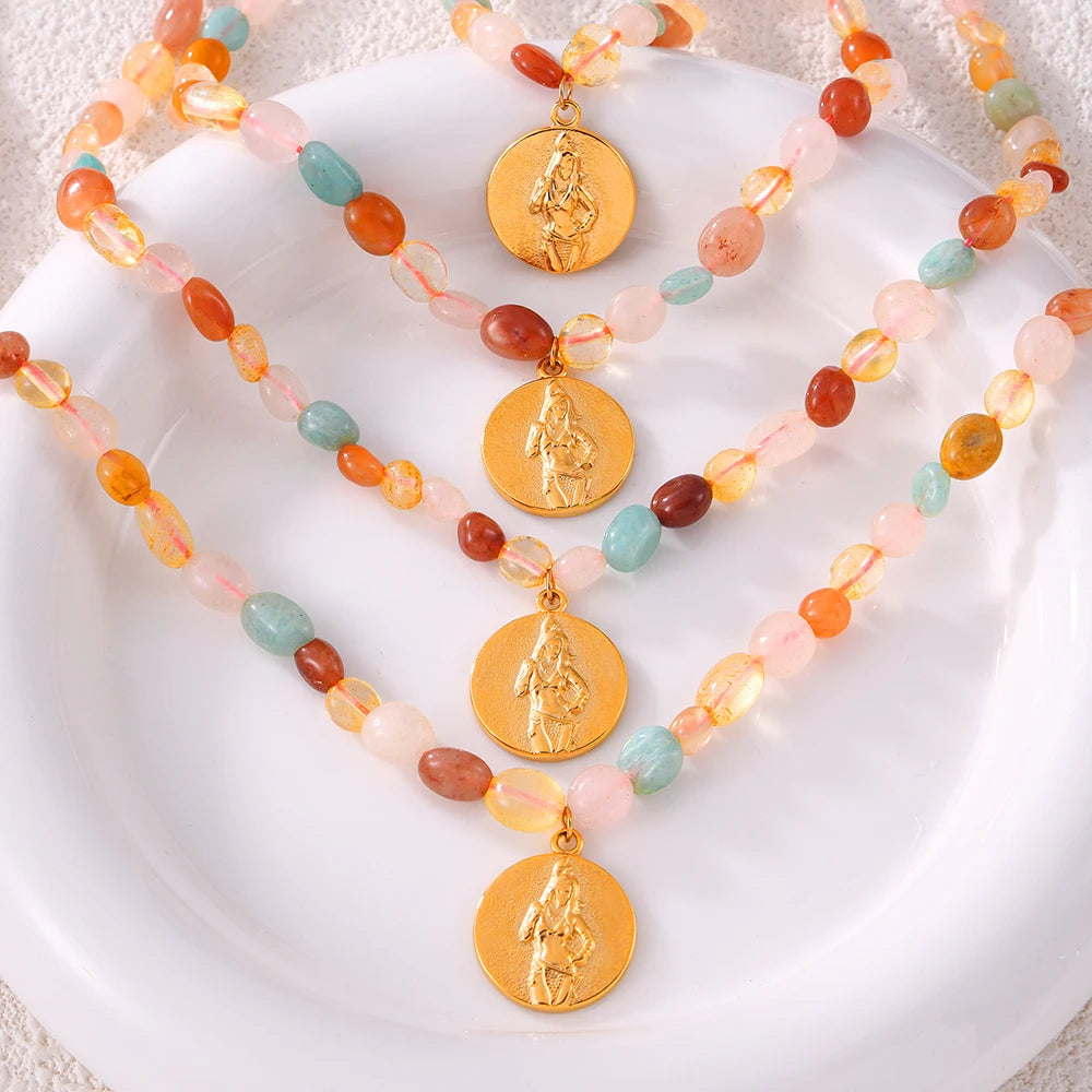 Necklace Set For Women Portrait Stainless Steel Colorful Nature Pearl Chain Beaded Luxury Jewelry Party Wedding Gift