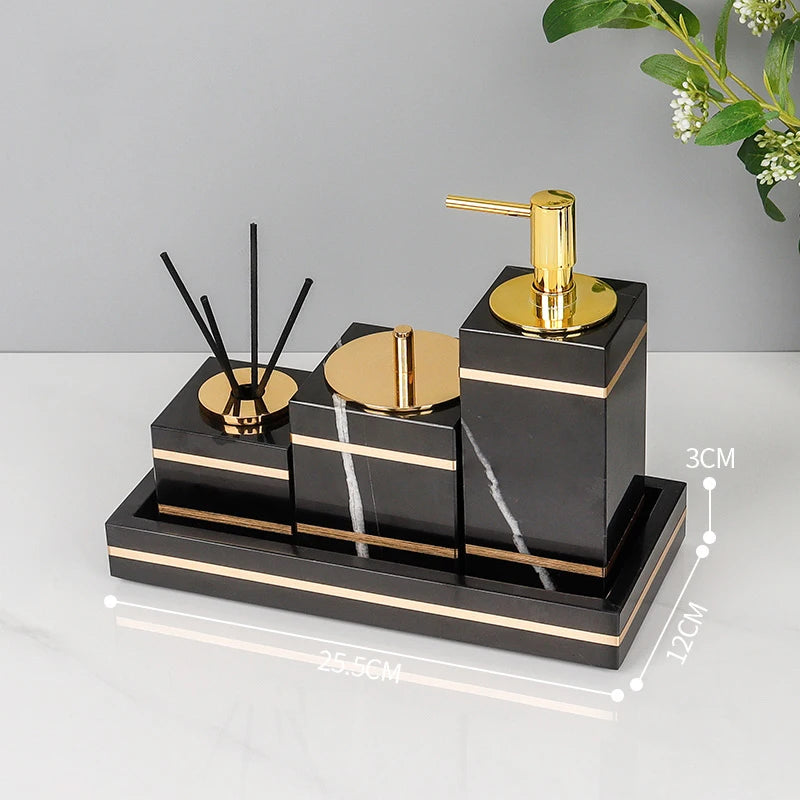 Black Nero Marquin Natural Marble Bathroom Accessories Luxury Gold Soap Dish Soap Dispenser Toothbrush Holder Tray Bathroom Set