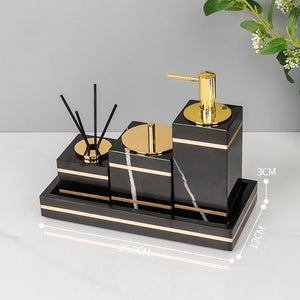 Black Nero Marquin Natural Marble Bathroom Accessories Luxury Gold Soap Dish Soap Dispenser Toothbrush Holder Tray Bathroom Set