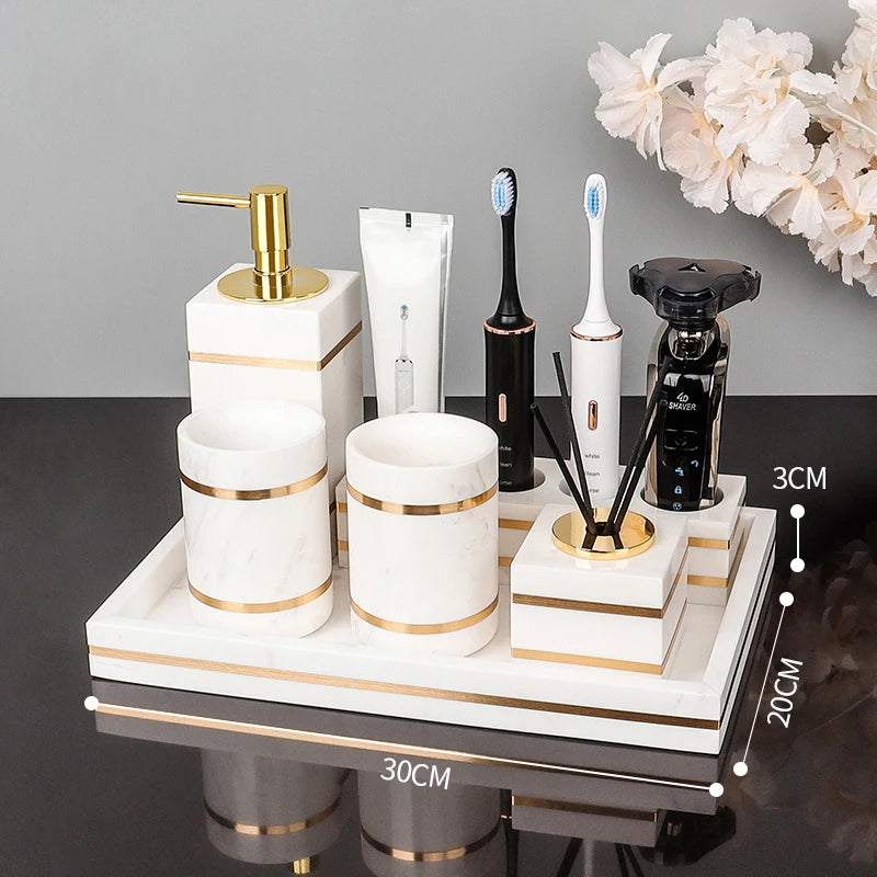Volakos White Natural Marble Bathroom Accessories Golden Luxury Soap Dish Soap Dispenser Toothbrush Holder Tray Bathroom Set