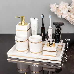 Volakos White Natural Marble Bathroom Accessories Golden Luxury Soap Dish Soap Dispenser Toothbrush Holder Tray Bathroom Set