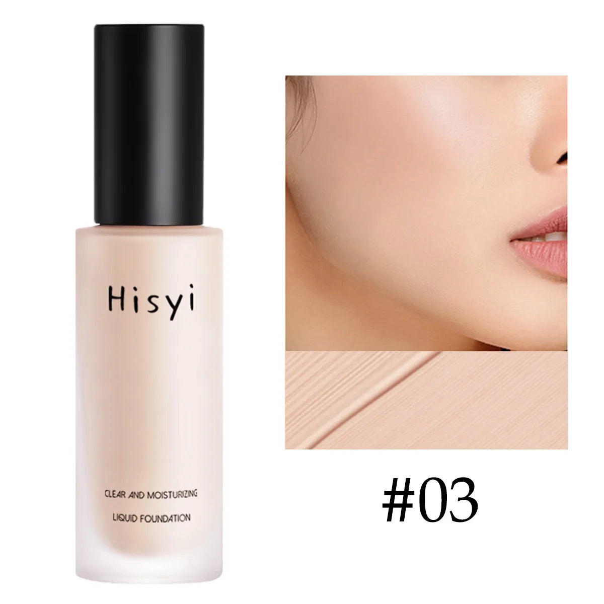 HisyI Cream Foundation #03, liquid formula, hydrating, full coverage, and long-lasting for all skin tones.
