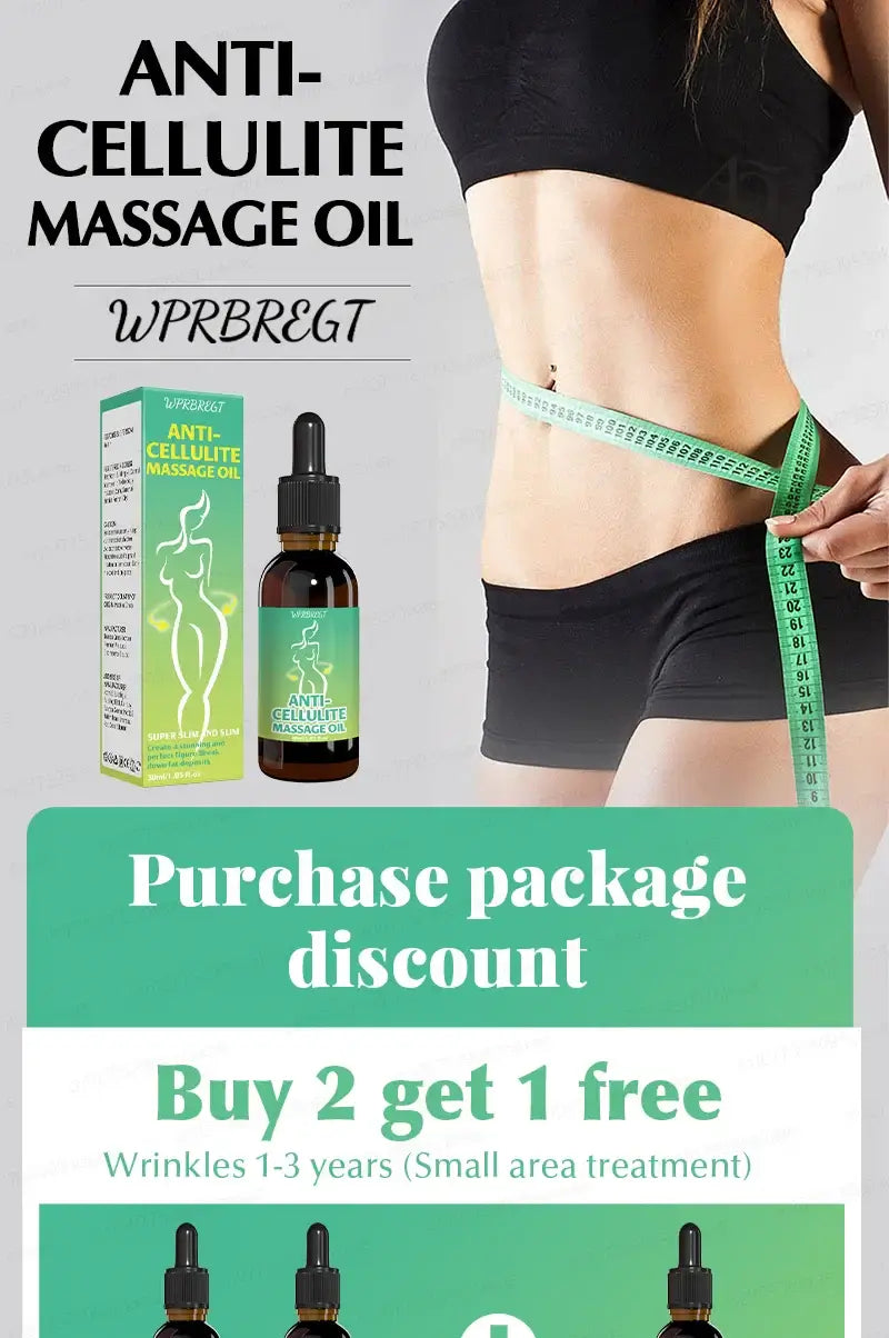 Anti-cellulite massage oil with discount offer displayed, promoting skin care and body confidence.