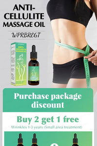 Anti-cellulite massage oil with discount offer displayed, promoting skin care and body confidence.
