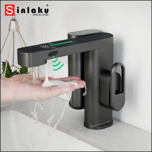 SINLAKU Bathroom Basin Sensor Faucet With Foam Soap Dispenser Deck Mounted Single Hole Stream Outlet Touch Free Mixer Taps