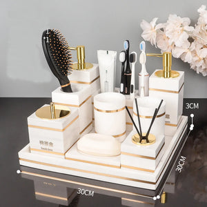 Volakos White Natural Marble Bathroom Accessories Golden Luxury Soap Dish Soap Dispenser Toothbrush Holder Tray Bathroom Set