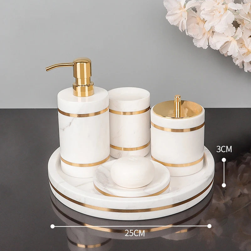 Volakos White Natural Marble Bathroom Accessories Golden Luxury Soap Dish Soap Dispenser Toothbrush Holder Tray Bathroom Set