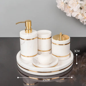 Volakos White Natural Marble Bathroom Accessories Golden Luxury Soap Dish Soap Dispenser Toothbrush Holder Tray Bathroom Set