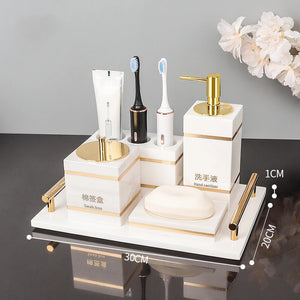 Volakos White Natural Marble Bathroom Accessories Golden Luxury Soap Dish Soap Dispenser Toothbrush Holder Tray Bathroom Set