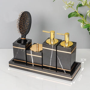 Black Nero Marquin Natural Marble Bathroom Accessories Luxury Gold Soap Dish Soap Dispenser Toothbrush Holder Tray Bathroom Set