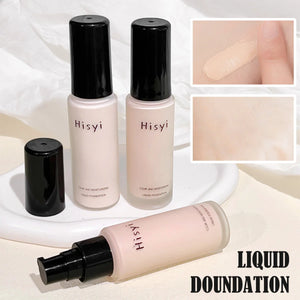 Hisy liquid foundation bottles showcasing creamy texture and coverage, ideal for all skin tones and waterproof application.
