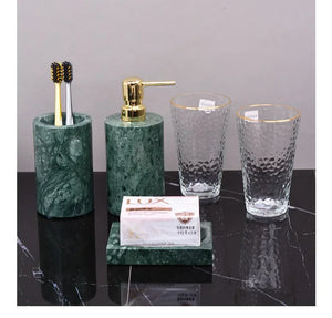 Wholesale Customized Dark Green Natural Marble Bathroom Set Nordic Light Luxury Tray Toothbrush Holder Soap Dispenser Kit