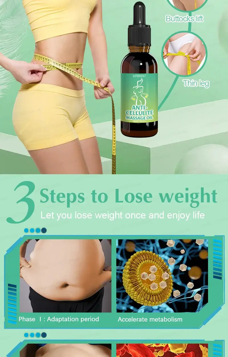 Image promoting anti-cellulite massage oil with steps to lose weight and enhance confidence, featuring before and after visuals.