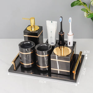 Black Nero Marquin Natural Marble Bathroom Accessories Luxury Gold Soap Dish Soap Dispenser Toothbrush Holder Tray Bathroom Set