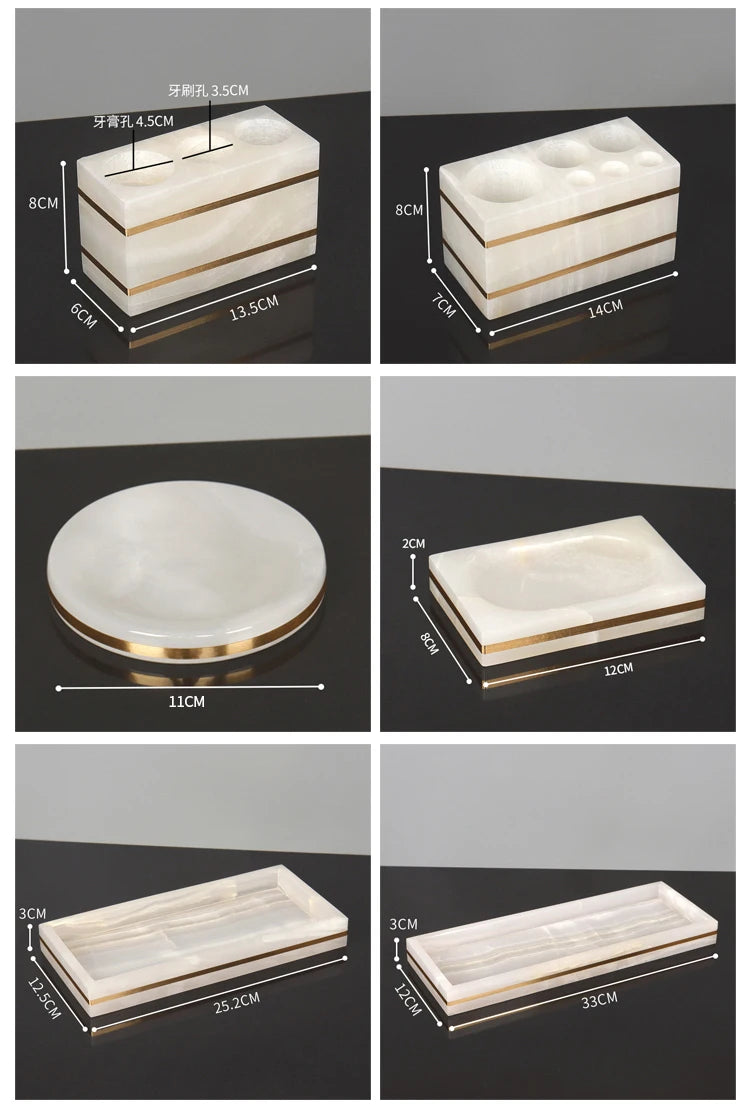 White Onyx Natural Marble Bathroom Accessories Luxury Golden Soap Dispenser Toothbrush Holder Soap Dish Tray Set for Bathroom