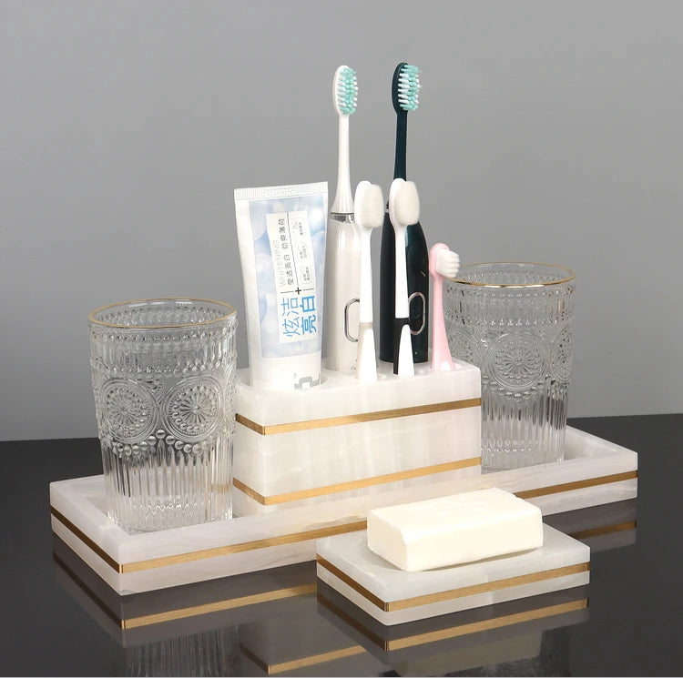 White Onyx Natural Marble Bathroom Accessories Luxury Golden Soap Dispenser Toothbrush Holder Soap Dish Tray Set for Bathroom