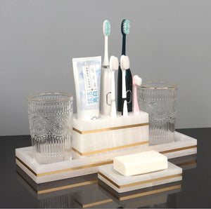 White Onyx Natural Marble Bathroom Accessories Luxury Golden Soap Dispenser Toothbrush Holder Soap Dish Tray Set for Bathroom