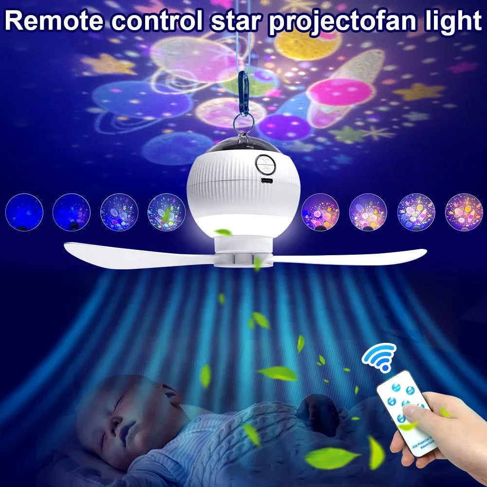 3 in 1 USB Rechargeable Ceiling Fans Light with Stars Projection Light for Outdoor Tent Camping Dormitory Room  Lamp
