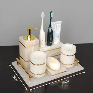 White Onyx Natural Marble Bathroom Accessories Luxury Golden Soap Dispenser Toothbrush Holder Soap Dish Tray Set for Bathroom