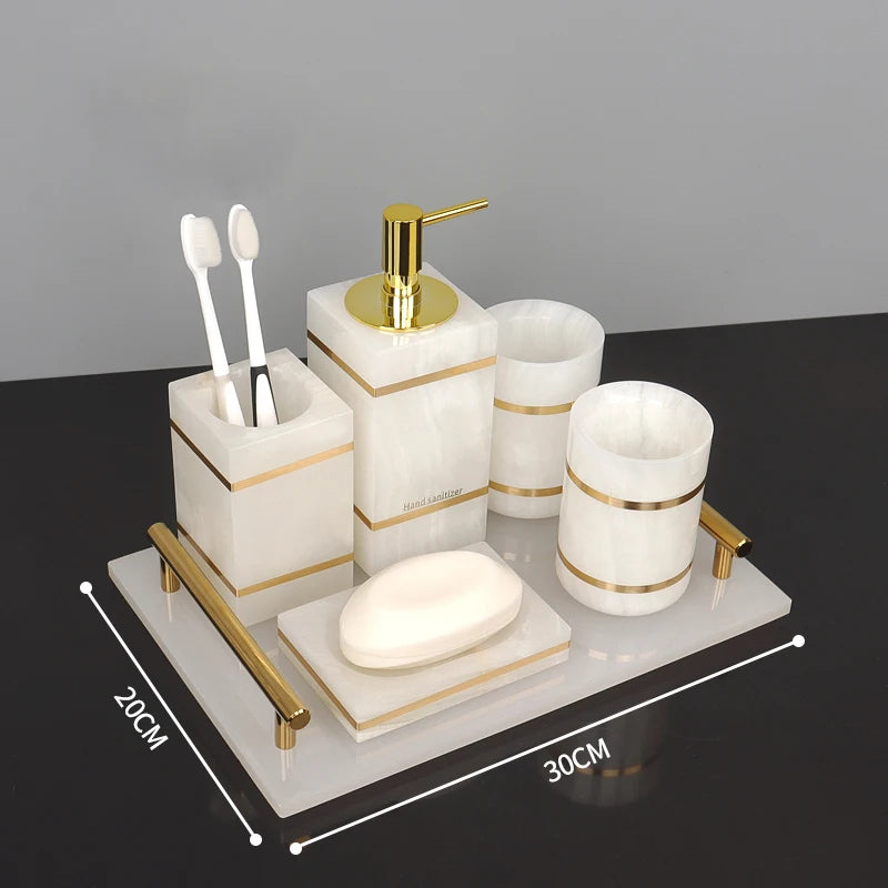 White Onyx Natural Marble Bathroom Accessories Luxury Golden Soap Dispenser Toothbrush Holder Soap Dish Tray Set for Bathroom