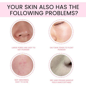 Image showing common skin issues: large pores, oily skin, acne-prone, and dry peeling makeup problems.