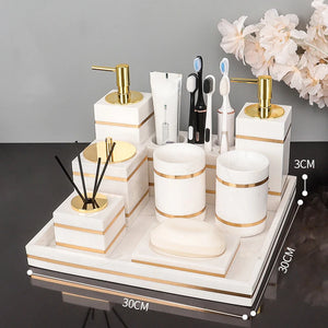 Volakos White Natural Marble Bathroom Accessories Golden Luxury Soap Dish Soap Dispenser Toothbrush Holder Tray Bathroom Set