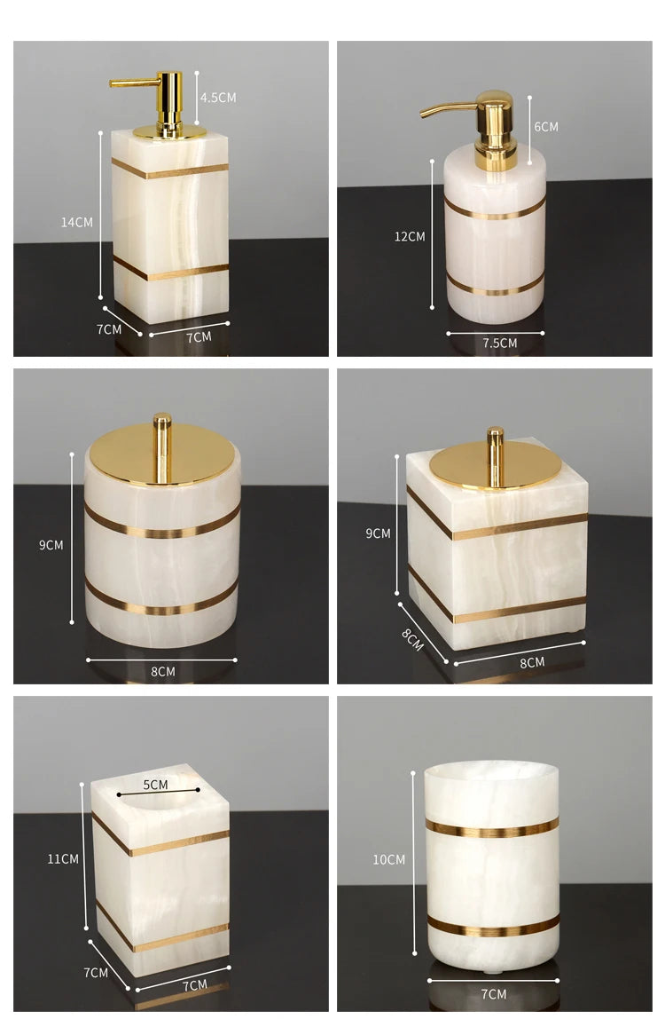 White Onyx Natural Marble Bathroom Accessories Luxury Golden Soap Dispenser Toothbrush Holder Soap Dish Tray Set for Bathroom