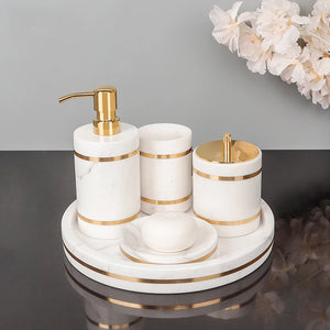 Volakos White Natural Marble Bathroom Accessories Golden Luxury Soap Dish Soap Dispenser Toothbrush Holder Tray Bathroom Set